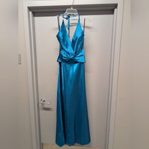 Jessica McClintock For Gunne Sax Elegant Blue Satin Gown Made In USA Vintage